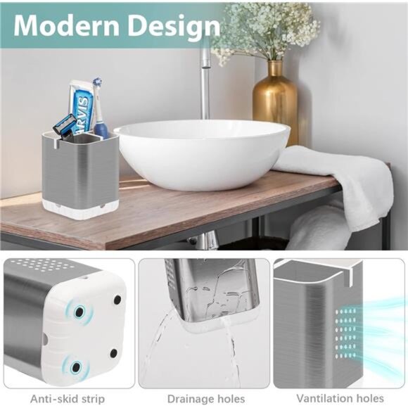 Toothbrush Holder Toothpaste Organizer Bathroom Counter Caddy 3 Slot Drainage - Picture 5 of 7